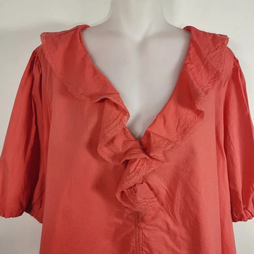 Old Navy Womens Ruffle Collar Button Top Cactus Bloom XXL Short Bubble Sleeve